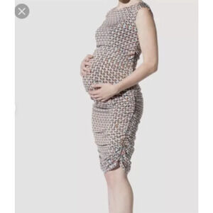 Leota Orange Blue Geometric design body con midi dress Maternity Size Medium NWT